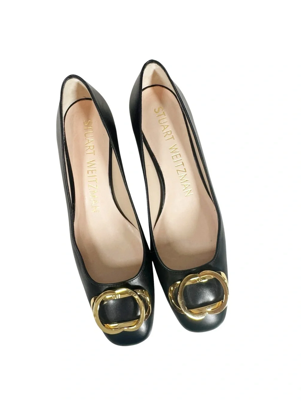 Stuart Weitzman 6.5 Anicia Black Leather Flats with Gold Buckle Accent